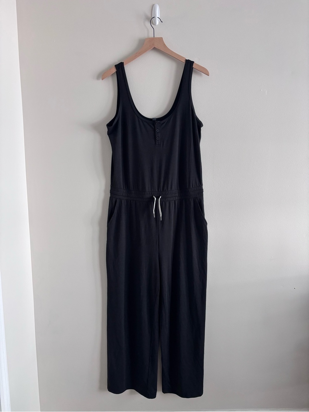 Vuori Black Sleeveless Henley Jumpsuit with Drawstring